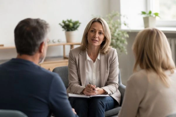 Couple discussing financial arrangement , pensions in divorce Hastings